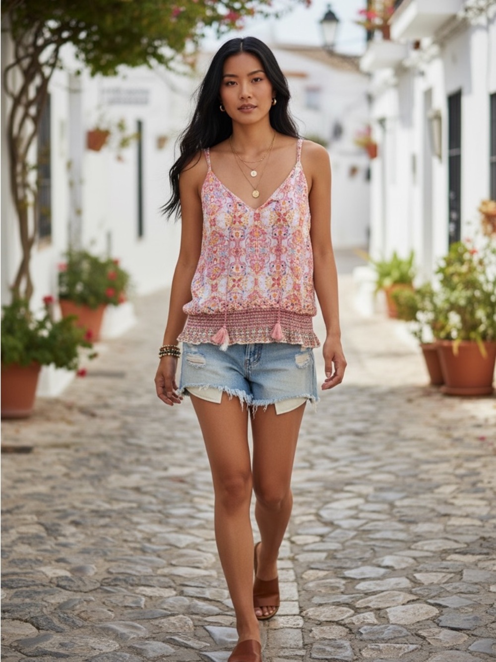 Boho Pink Floral V-Neck Tassel-Hem Cami Top - Women